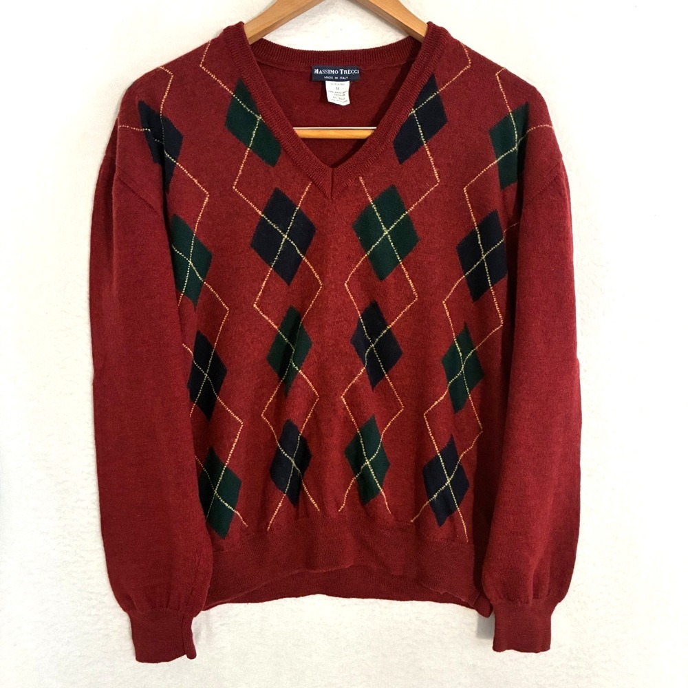 Massimo Trecci Merino Wool Italy Made Sweater Mens M Argyle Preppy Academia Ivy